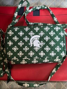 Vera Bradley Go Green Go White Quilted Crossbody Spartan Helmet Purse Bag Wallet